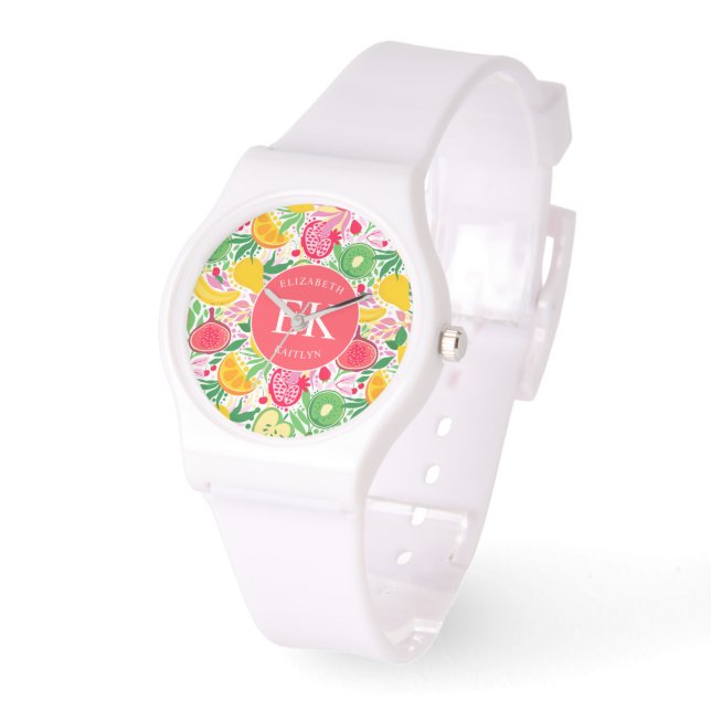 Tropical Fruit Monogram Watercolor Sommermuster Armbanduhr (Winkel)
