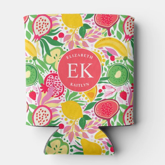Tropical Fruit Monogram Watercolor Sommermuster Dosenkühler (Rückseite)