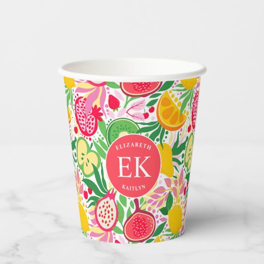 Tropical Fruit Monogram Watercolor Sommermuster Pappbecher (Rückseite)
