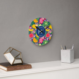 Tropical Fruit Monogram Watercolor Sommermuster Runde Wanduhr
