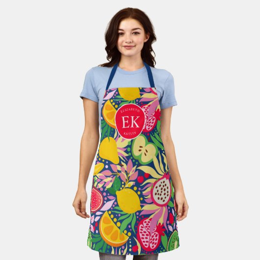 Tropical Fruit Monogram Watercolor Sommermuster Schürze (Getragen)