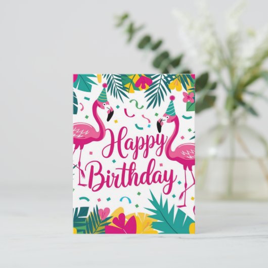 Tropical Fun Flamingo Birthday Design Postkarte (Stehend Vorderseite)