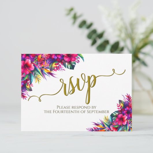 Tropical Garden Floral Elegante Calligrafy Wedding RSVP Karte (Stehend Vorderseite)
