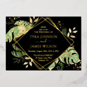 Tropical Geometric Black & Gold Wedding Folieneinladung (Vorderseite)