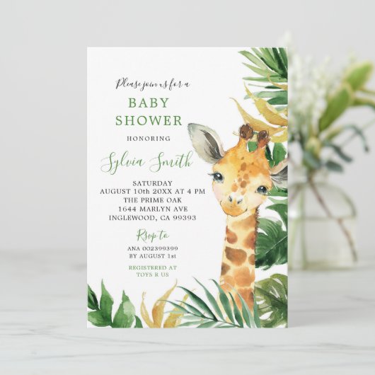 Tropical Giraffe Boy Baby Shower Einladung (Stehend Vorderseite)
