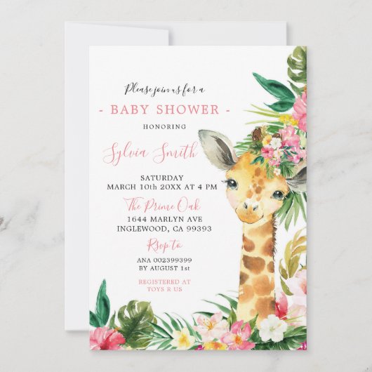Tropical Giraffe Girl Baby Shower Einladung (Vorderseite)