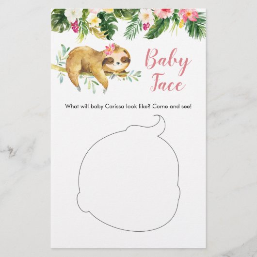 Tropical Girl Sloth Baby Dusche Baby Face Card (Vorderseite)