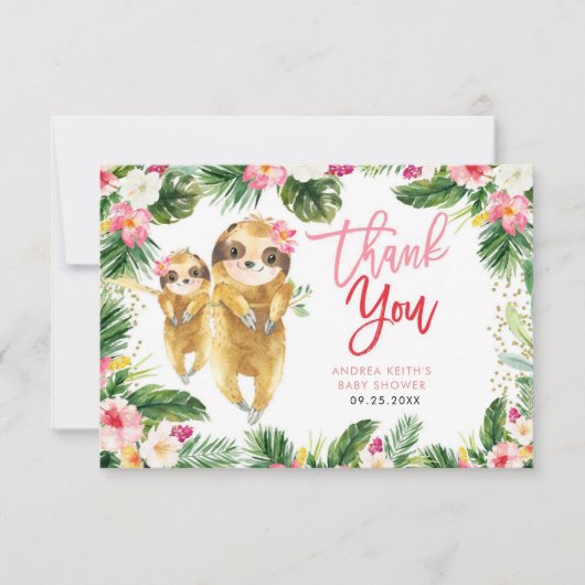 Tropical Girl Sloth Baby Dusche Danke Karte (Vorderseite)
