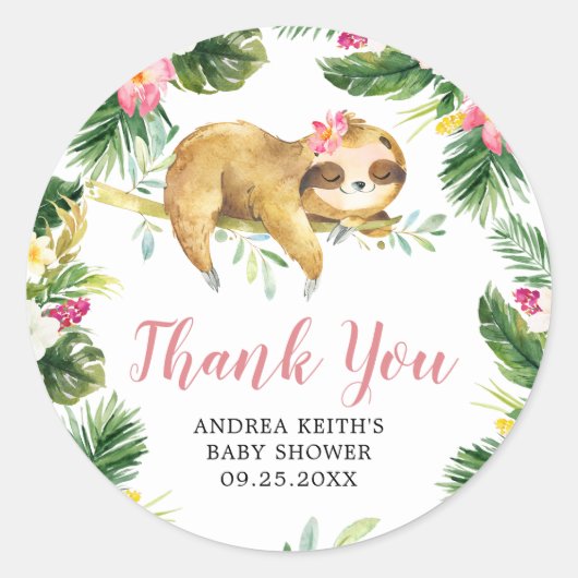 Tropical Girl Sloth Baby Dusche Danke Sticker (Vorderseite)