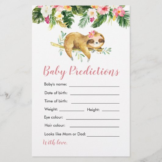 Tropical Girl Sloth Baby Shower Baby Vorhersagen (Vorderseite)