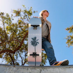 Tropical Girly Name Pink Blue Palm Tree Sunset Skateboard