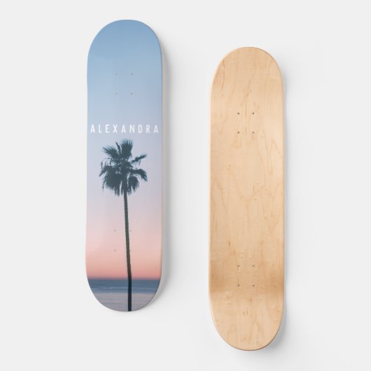 Tropical Girly Name Pink Blue Palm Tree Sunset Skateboard (Vorderseite)