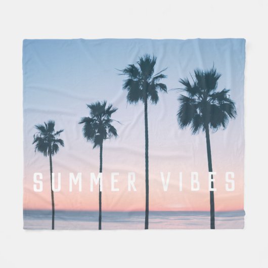 Tropical Girly Pink & Blue Palm Tree Sunset Custom Fleecedecke (Vorderseite (Horizontal))