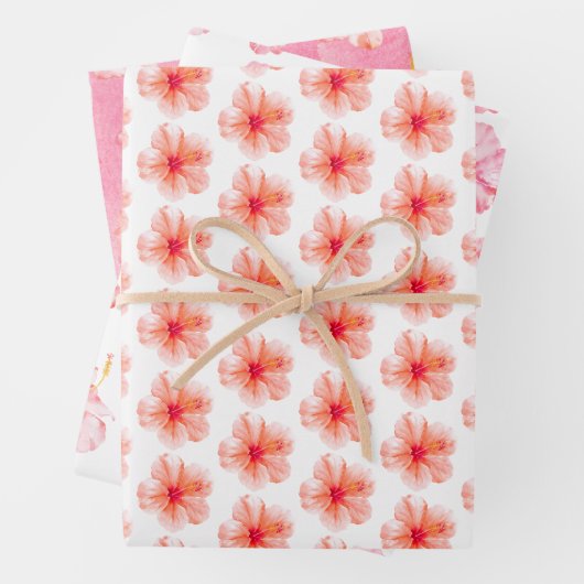 Tropical Girly Pink Peach Hibiskus Blume Geschenkpapier Set (Beispiel)