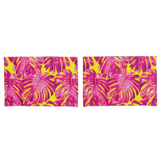 Tropical Girly Pink Yellow Palm Blätter Kissenbezug (Vorderseite-Set)