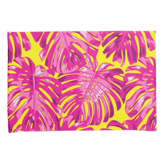Tropical Girly Pink Yellow Palm Blätter Kissenbezug (Vorderseite-Rechts)