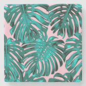 Tropical Girly Turquoise Pink Palm Blätter Steinuntersetzer (Vorderseite)