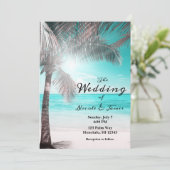 Tropical Glam Pink Aqua Blue Beach Palm Hochzeit Einladung (Stehend Vorderseite)