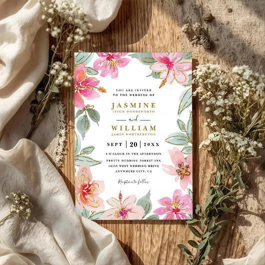 Tropical Glitter Flowers Elegant QR Code Wedding Einladung