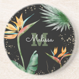 Tropical Gold Black Floral Foliage Monogram Script Getränkeuntersetzer
