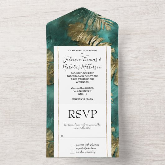 Tropical Gold Blätter Emerald Green All In One Einladung (Innen Boden)