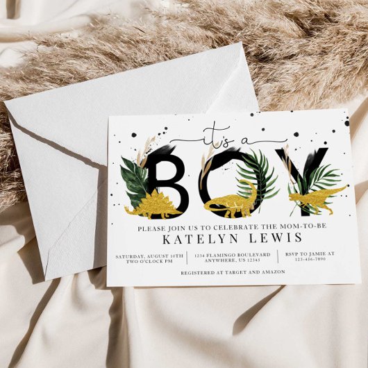 Tropical Gold Dinosaurier Baby Dusche Einladung