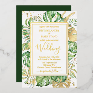 Tropical Gold Foil Elegante Foliage Hochzeit Folieneinladung