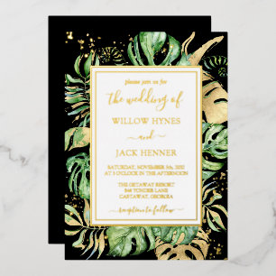 Tropical Gold Foil Elegante Foliage Hochzeit Folieneinladung