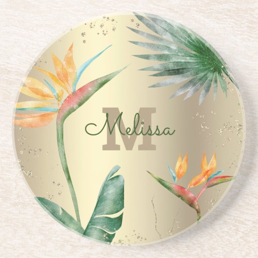 Tropical Gold Foil Floral Folies Monogram Script Getränkeuntersetzer (Vorne)