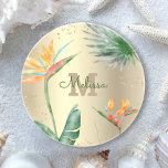 Tropical Gold Foil Floral Folies Monogram Script Getränkeuntersetzer<br><div class="desc">Lassen Sie sich von der eleganten tropischen Gastfreundschaft in Ihre Zuhause verzaubern, wenn Sie sich bei Ihrem Lieblingsgetränk mit diesem schicken, modernen, maßgeschneiderten Sandsteinsack-Untersetzer entspannen. Atemberaubende, raffinierte, farbenfrohe tropische Aquarellvögel paradiesischer Blume, Imitate goldener Glitzer und personalisierte Kalligraphie-Skripte mit einem kühnen Monogramm-Initial, überlagern einen stilvollen, vergoldeten goldgelben Hintergrund. Personalisieren Sie mit...</div>