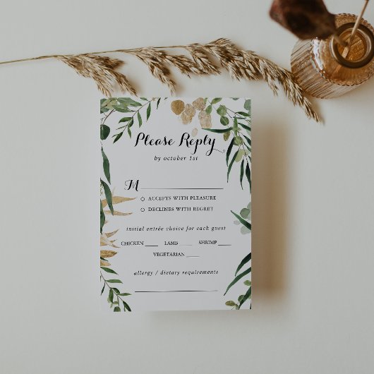 Tropical Gold Foliage Wedding Menü UAwg RSVP Karte
