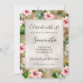 Tropical Gold Glitz Pink Hibiskus Floral Einladung