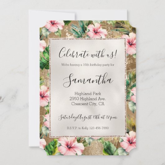 Tropical Gold Glitz Pink Hibiskus Floral Einladung (Vorderseite)