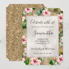 Tropical Gold Glitz Pink Hibiskus Floral Einladung