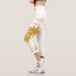 Tropical Gold Glitzer Beach Lover White Capri Leggings