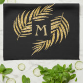 Tropical Gold Glitzer Palm Tree Fronten auf Schwar Geschirrtuch (Gefaltet)