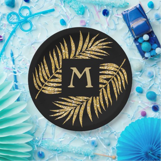 Tropical Gold Glitzer Palm Tree Fronten auf Schwar Pappteller (Party)