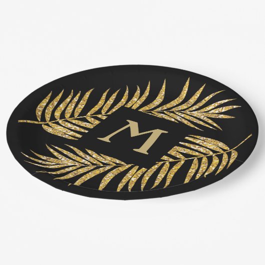 Tropical Gold Glitzer Palm Tree Fronten auf Schwar Pappteller (Schrägansicht)