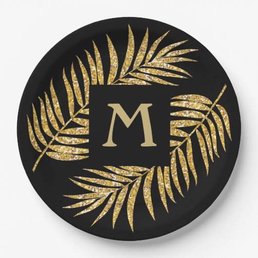 Tropical Gold Glitzer Palm Tree Fronten auf Schwar Pappteller (Vorderseite)