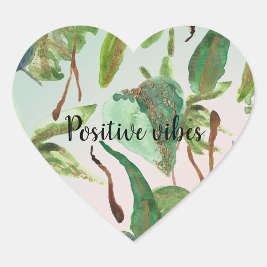 Tropical Gold Green Blätter Herz-Aufkleber (Vorderseite)