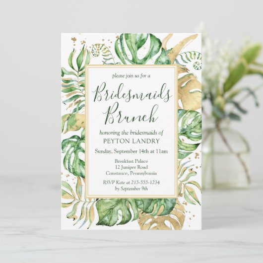 Tropical Gold & Green Bridesmaier Brunch Einladung (Stehend Vorderseite)