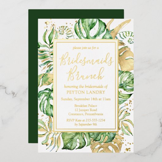 Tropical Gold & Green Bridesmaier Brunch Folieneinladung (Vorderseite/Rückseite)