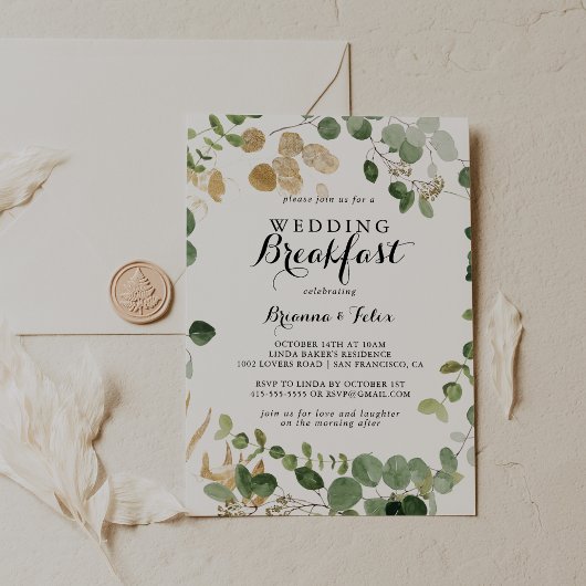 Tropical Gold Green Foliage Wedding Breakfast Einladung