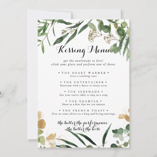 Tropical Gold Green Wedding Kissing Menu Game Card (Vorderseite)