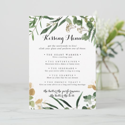 Tropical Gold Green Wedding Kissing Menu Game Card (Stehend Vorderseite)
