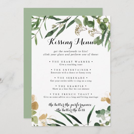 Tropical Gold Green Wedding Kissing Menu Game Card (Vorne/Hinten)