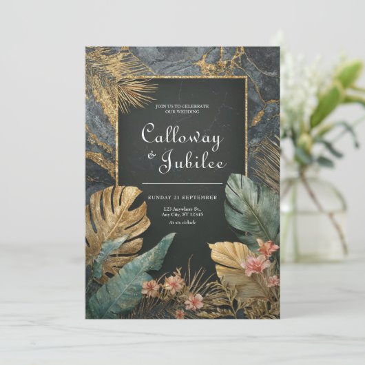 Tropical Gold Marble VIP Hochzeit Einladung (Stehend Vorderseite)