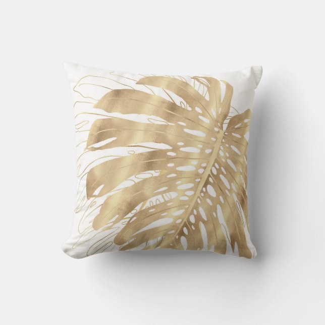 Tropical Gold Monstera Leaf White Design Kissen (Vorderseite)