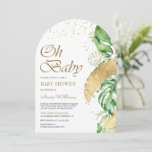 Tropical Gold Monstera Palm Arch Baby Dusche Einladung (Stehend Vorderseite)