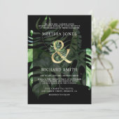 Tropical Gold Monstera Palm Black QR Code Hochzeit Einladung (Stehend Vorderseite)